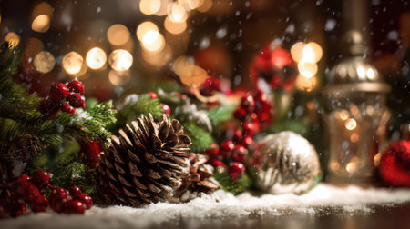 Colorful decorations set the scene for a joyful New Year celebration featuring pinecones red berries and shimmering ornaments amidst soft snowfall.の素材