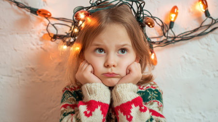 A young child sits with a frown surrounded by bright glowing holiday lights. The sweater features a cozy holiday print enhancing the festive mood.の素材