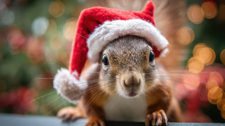 A cute squirrel wears a red Santa hat against a backdrop of holiday decorations. The scene is joyful and captures the spirit of celebration.の素材
