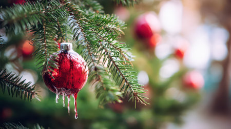 A vibrant red ornament drips with moisture while hanging from a fresh pine branch exuding holiday cheer and capturing the essence of the New Year.の素材