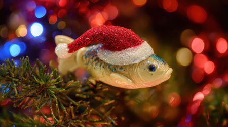 A whimsical fish decoration wearing a red hat shines among colorful holiday lights capturing a cheerful New Year spirit in a cozy setting.の素材