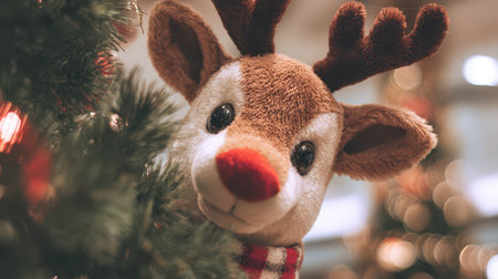 A cheerful reindeer with a bright red nose peeks from behind festive greenery. Twinkling lights create a warm holiday atmosphere.の素材