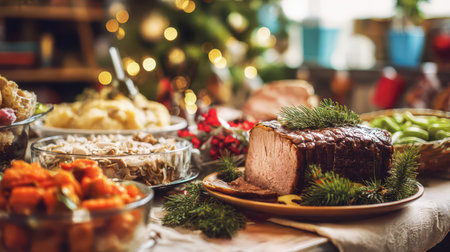 A festive table adorned with a variety of delectable dishes showcasing a delightful spread for New Year celebrations.の素材