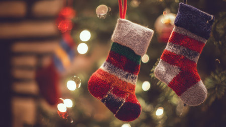 Cheerful handmade stockings hang on a festive New Year tree surrounded by sparkling lights and decorations adding warmth.の素材