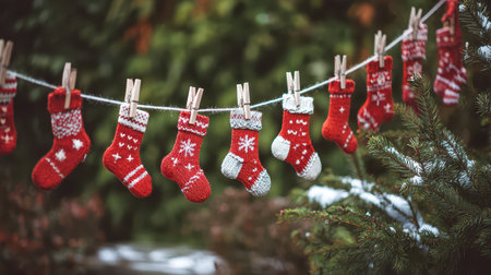 Small festive stockings hang in a cheerful display against a backdrop of greenery bringing warmth and joy to the winter season celebration.の素材