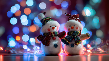 Two cheerful snowmen wearing colorful hats and scarves stand together surrounded by bright twinkling lights creating a festive ambiance.の素材