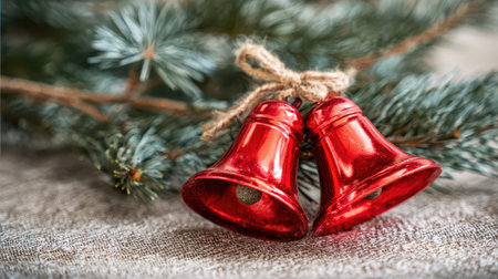Two shiny red bells tied with twine rest on a cozy surface amidst pine needles capturing the spirit of festive celebration for the New Year.の素材