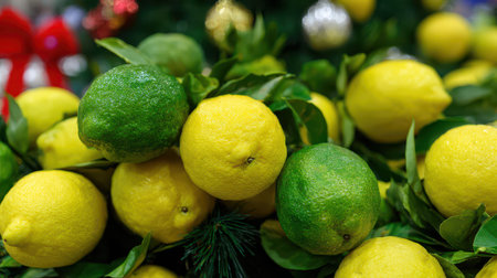 A vibrant arrangement of lemons and limes brings a fresh touch to holiday decorations embodying the joy of the new year celebration.の素材