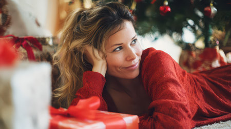 A woman in a cozy red outfit relaxes by the Christmas tree surrounded by beautifully wrapped gifts while enjoying the holiday spirit.の素材