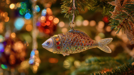 A vibrant fish ornament dangles from a festive tree embodying the spirit of New Year with twinkling lights and bright decor.の素材