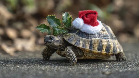 A cheerful tortoise dons a red Santa hat and festive holly adding charm to the New Year festive atmosphere in nature.の素材