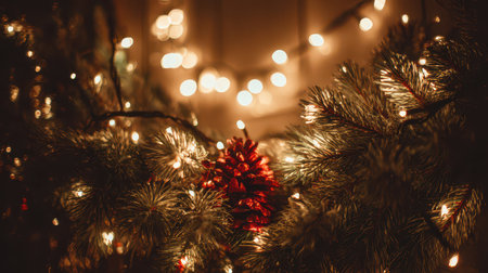 A cozy scene filled with twinkling lights and green branches. Red ornaments add a festive touch creating a warm atmosphere for celebration.の素材