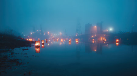 Lanterns dance on still water reflecting light in a foggy scene as a factory stands in the background during New Year celebrations.の素材