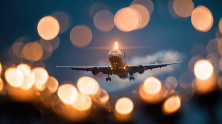 An airplane adorned with a massive candle soars through the night as vibrant lights shimmer around. New Year joy fills the sky.の素材