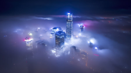 City skyline transforms under a canopy of ethereal clouds as colorful lights dance above marking the festive spirit of New Yearの素材