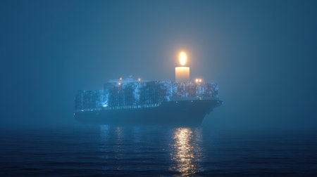 A magnificent ship glows like a giant candle cutting through dense mist on New Years Eve illuminating the calm waters around it.の素材
