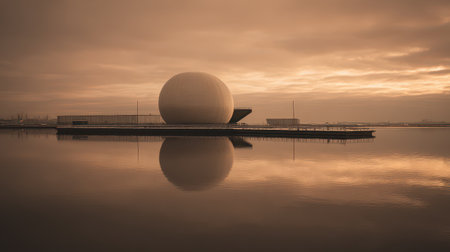 A massive snow globe rests peacefully on serene waters as the sun rises marking the start of a new year with tranquil beauty and reflection.の素材