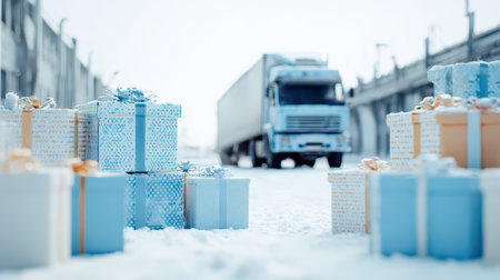 A large truck stands in a snowy abandoned area surrounded by colorful holiday gift boxes. The scene evokes a magical New Year atmosphere.の素材