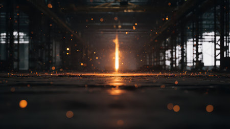 In a desolate terminal a massive candle brightly glows casting warm light amidst the shadows celebrating the spirit of New Year.の素材