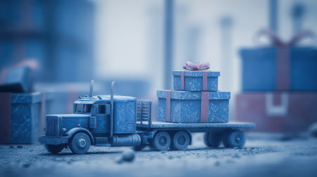 A vintage truck carries colorful holiday gift boxes through a deserted landscape evoking the spirit of New Year celebrations that once flourished.の素材