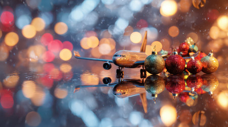A miniature airplane showcases colorful ornaments glistening against a backdrop of soft lights creating a festive atmosphere for New Year.の素材