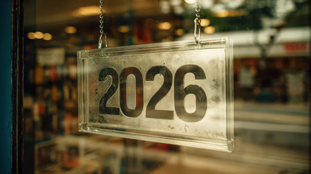 A clear display of the year 2026 hangs in a shop window inviting passersby to celebrate and reflect on new beginnings and opportunities.の素材