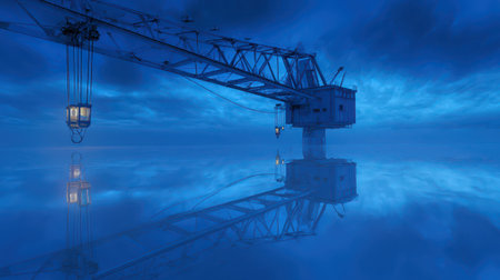 A crane holds glowing lanterns drifting above calm waters reflecting softly in the serene blue dusk of New Year celebrations.の素材