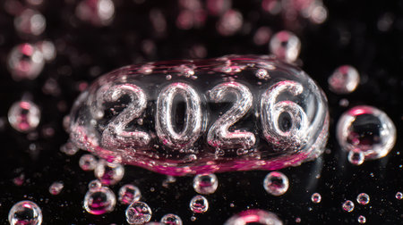 Colorful bubbles float against a dark backdrop marking the arrival of 2026 with a festive spirit. A joyful symbol of celebration.の素材