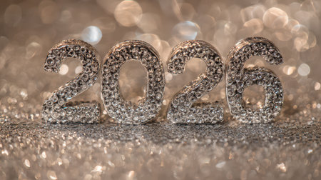 Gleaming numbers for the year 2026 shine brightly on a glittery surface capturing the spirit of celebration and hope for the new year ahead.の素材