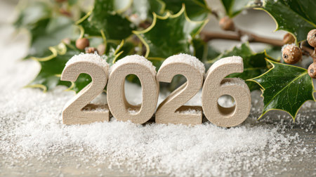 Snow dusted numbers representing New Year 2026 are placed on a table surrounded by holly leaves creating a joyful winter atmosphere.の素材