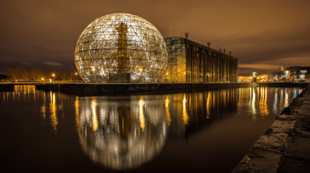 A striking giant snow globe stands in still waters reflecting lights in the serene atmosphere capturing New Year celebrations in a vibrant location.の素材