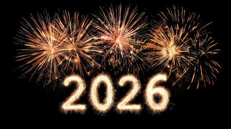 Fireworks light up the night sky welcoming 2026 with vibrant colors and sparkling displays. A joyful celebration of the New Year unfolds.の素材