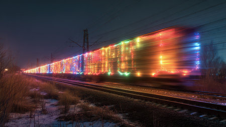 A train decorated with colorful lights speeds through a winter night bringing festive cheer during the New Year season.の素材