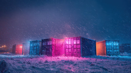 Colorful containers glow softly under swirling ice shards on a snowy New Year night creating a magical winter wonderland scene.の素材