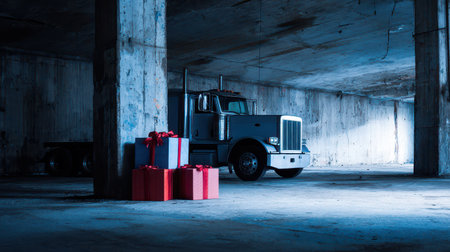 An old truck sits alone in a deserted space surrounded by colorful holiday gift boxes evoking a sense of lost joy amid the quiet.の素材