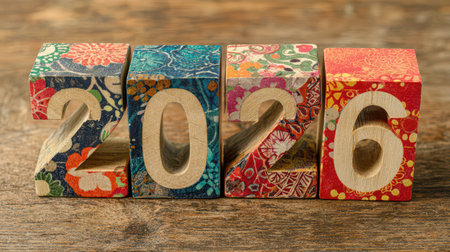 Colorful wooden blocks display the year 2026 symbolizing fresh beginnings and joyful celebrations during the New Year festivities.の素材