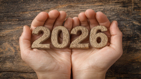 Hands hold the wooden numbers representing the new year 2026 symbolizing hope and new beginnings. The rustic background enhances the festive mood.の素材
