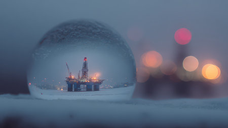 A stunning oil rig is encased in a giant snow globe surrounded by fog and illuminated lights creating a magical New Year ambiance.の素材
