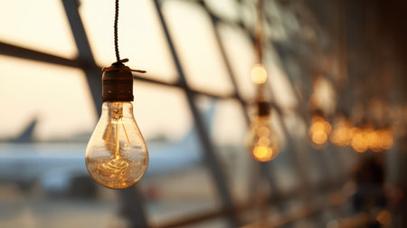 A breathtaking giant light bulb hangs in a terminal casting a warm glow as travelers bustle about during the golden hour of New Year festivities.の素材