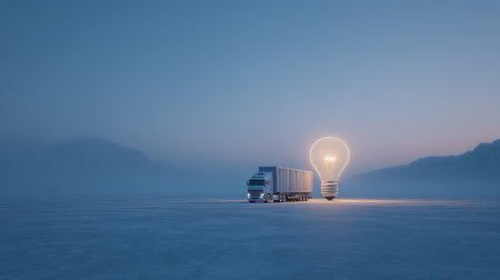 A massive light bulb is mounted on a truck glowing softly against the pastel sky at sunrise during New Year. The scene is tranquil and inspiring.の素材