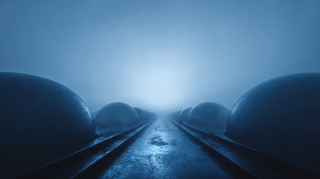 Heavy fog envelops the highway where glowing spheres stand creating a magical New Year scene inviting wonder and exploration.の素材