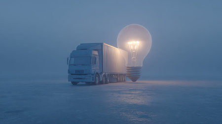 A truck powered by a giant light bulb stands still at sunrise casting warm light over the winter landscape symbolizing new beginnings.の素材