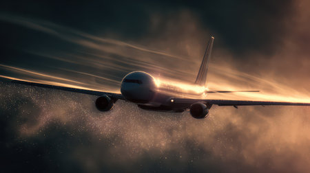 An airplane glides through shimmering particles illuminated by a vibrant sunset marking the start of a new years journey.の素材