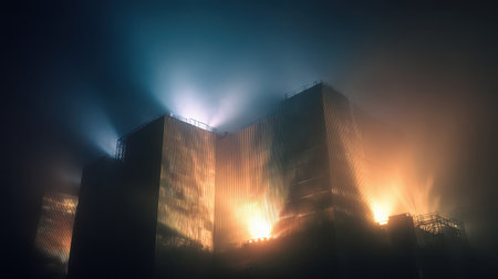 Bright holographic sculptures glow against a dense foggy backdrop celebrating the New Year in a vibrant party atmosphere.の素材