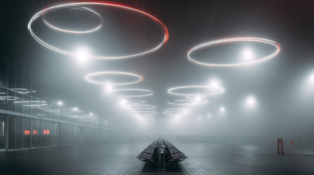 Inside a terminal soft light glows from intertwined plasma rings creating a magical scene as the New Year approaches in a serene atmosphere.の素材