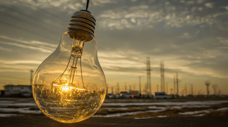 A massive light bulb glows beautifully against a stunning sunset during a New Years celebration creating a festive atmosphere at the terminal.の素材