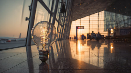 A large light bulb sits on the floor of a terminal as the sun rises creating a vibrant New Year atmosphere.の素材