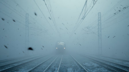 In heavy fog a train emerges surrounded by ancient runes evoking a sense of mystery and magic as the New Year dawns.の素材