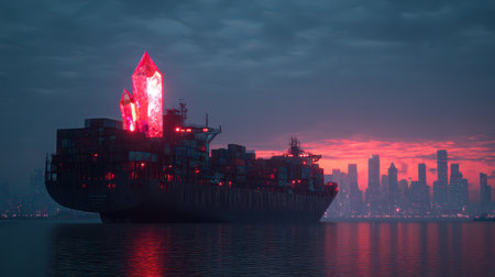 A majestic ship adorned with a glowing crystal sails through the neon lit waters celebrating the magical New Year against a vibrant city skyline.の素材