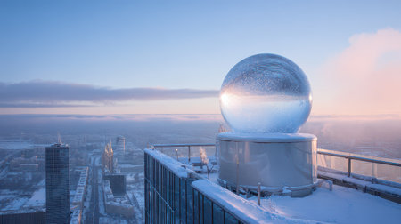 A breathtaking giant snow globe shines on a snowy rooftop capturing the magic of New Year. City skyline glimmers in the winter light.の素材